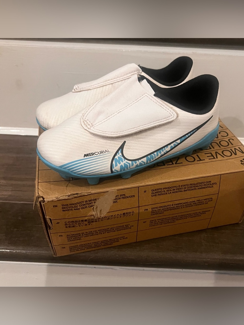 Nike Kids Mercurial Soccer Cleats in White and Light Blue